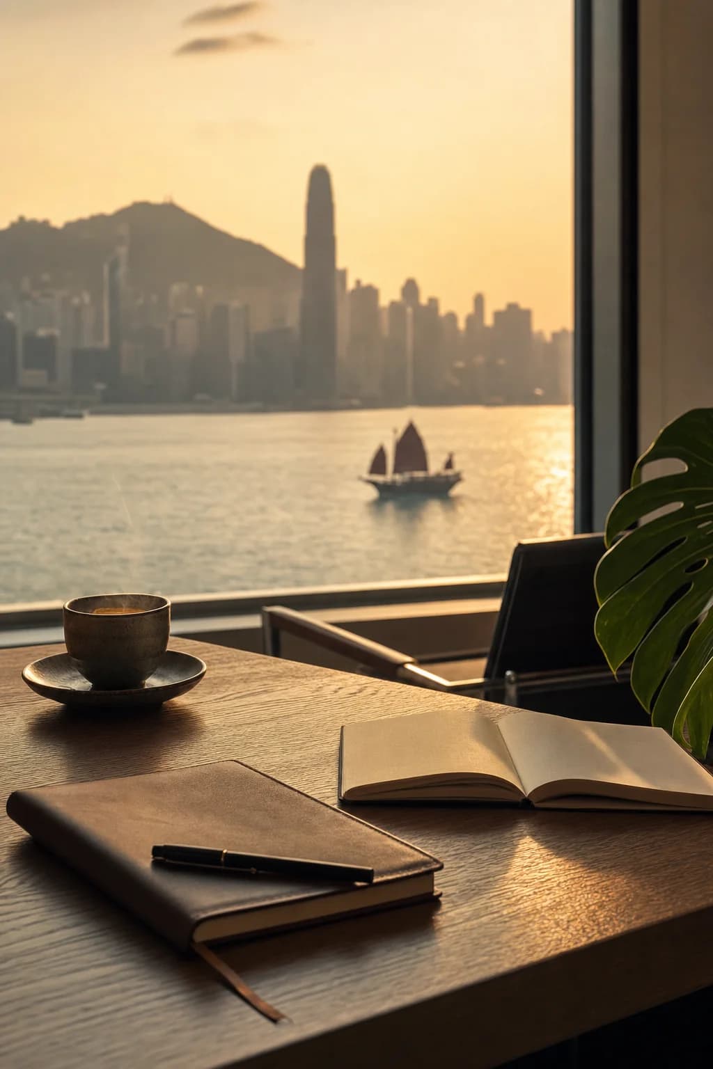 A quiet desk corner of the Sedona Hong Kong office at golden hour, harbour visible through the window.